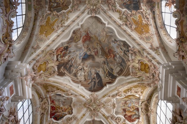 Interior photograph of ceiling frescoes, ceiling painting, monastery basilica, monastery church, Augustinian canons' monastery, Neustift monastery, also monastery, Vahrn near Brixen, Bressanone, South Tyrol, Italy, Europe