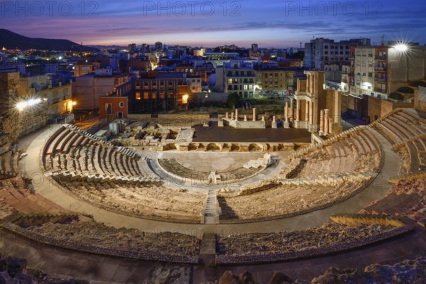 Teatro Romano, blue hour, Roman amphitheater, in the old town of Cartagena, Murcia region, Spain, Europe