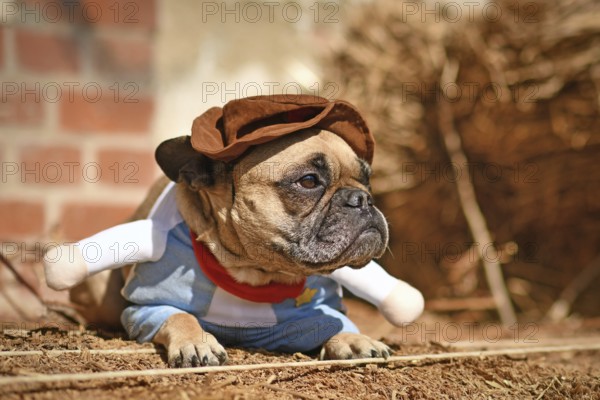 French Bulldog dog wearing Halloween cowboy full body costume with fake arms lying down in front of hay bale