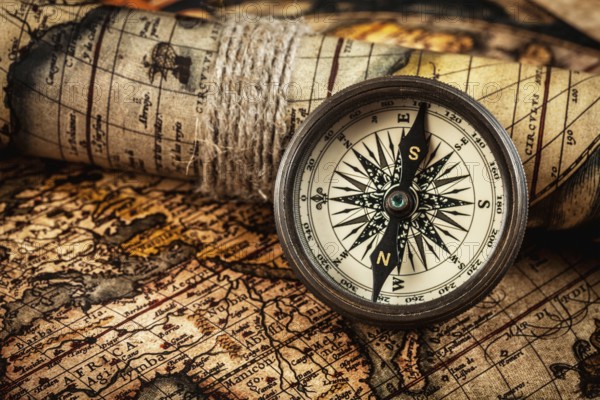 Travel geography navigation concept background, old vintage retro compass on ancient world map