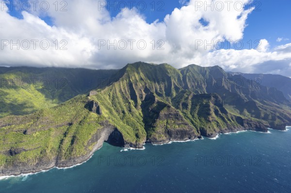 Aerial view Waiahuakua Sea Cave, Napali Coast, Kauai, Hawaii, USA, North America