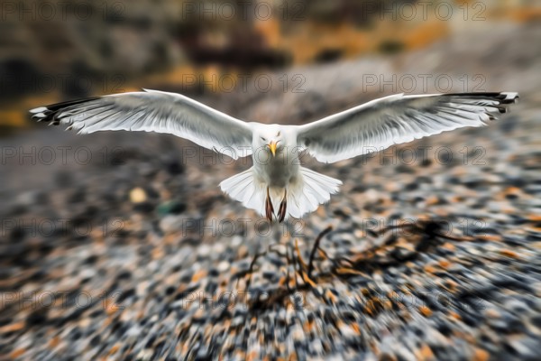 European herring gull (Larus argentatus) flying off, frontal, wing, wingspan, dynamics, gravel beach, illustration, Normandy, France, Europe
