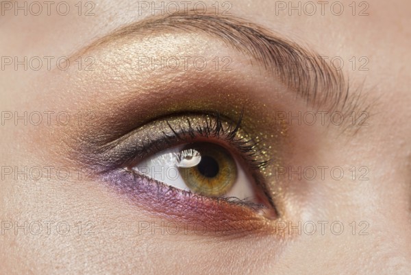 Macro image of human woman eye with make up