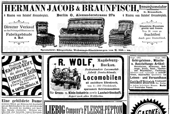 Various advertisements, Hermann Jacob & Braunfisch furniture, Locomobile, Kappus soap, mountain linen, from a magazine from, 1890, Germany, Historic, digitally restored reproduction of an original 19th century original, exact original date unknown, Europe