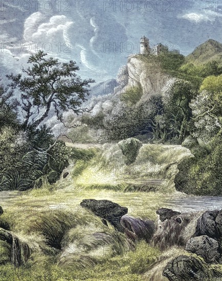 River landscape with castle after a painting by Salomon van Ruysdael, born 1600, died 1670, a Dutch painter, Historic, digitally restored reproduction of a 19th century original