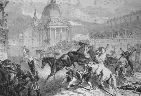 The Carnival in Rome, free horse racing on the parade, 1869, Italy, Historical, digitally restored reproduction of a 19th century original, digitally restored reproduction of a 19th century original, Europe