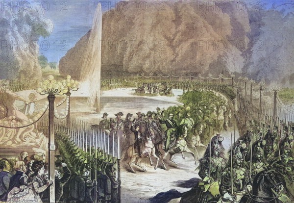 Grand Revue on 14 August, the Emperor followed by his General Staff crossing the Tuileries Gardens, 1869, Paris, France, Historic, digitally restored reproduction of a 19th century original, exact original date unknown, Europe