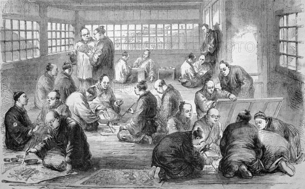 Art school, men in a painting school in Japan in 1869, Historic, digitally restored reproduction of an original 19th century painting, exact original date unknown