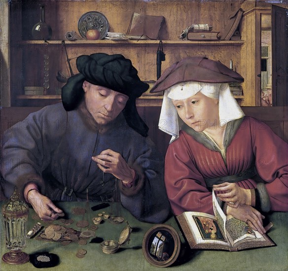 The Moneychanger and his Wife, 1514, after a painting by Quentin Massys, Historical, digitally restored reproduction of a 19th century original