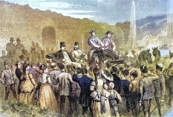 The Austrian Emperor and Prince Napoleon in the Park at Schönbrunn, 1869, Austria, Historic, digitally restored reproduction of an original 19th century painting, exact original date unknown, Europe