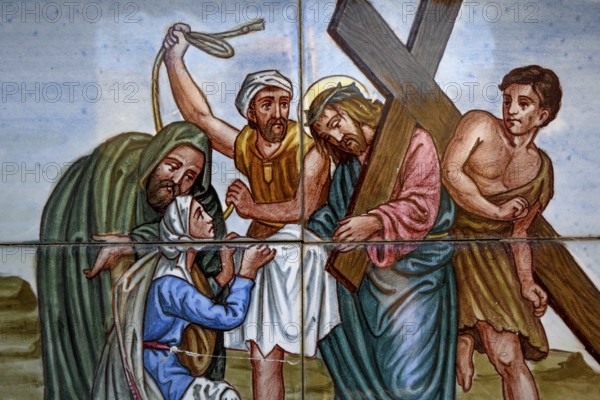 Painted wall tiles of the Passion of Christ at the Way of the Cross in Guadalest, Alicante Province, Costa Blanca, Spain, Europe
