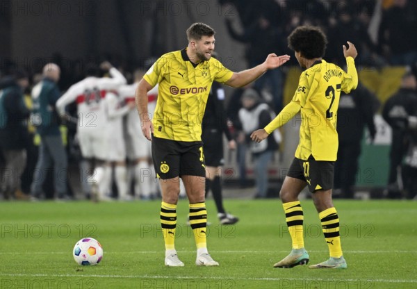 Goal celebration VfB Stuttgart, in front discuss Niclas Füllkrug Borussia Dortmund BVB (14) and Karim Adeyemi Borussia Dortmund BVB (27), DFB-Pokal, MHPArena, MHP Arena Stuttgart, Baden-Württemberg, Germany, Europe