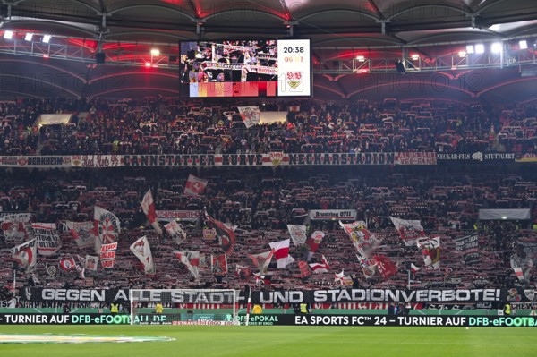 Cannstatter Kurve fan block, fans, fan curve, flags, flags, atmosphere, atmospheric banner, fan poster, banner, poster, banner, fan campaign AGAINST ALL CITY AND STADIUM BANS, DFB Cup, MHPArena, MHP Arena Stuttgart, Baden-Württemberg, Germany, Europe