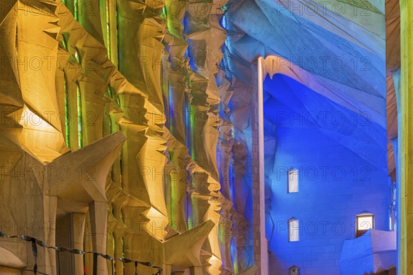 Interior view of the Familia Sagrada by the architect Antonio Gaudi in Barcelona, Spain, Europe
