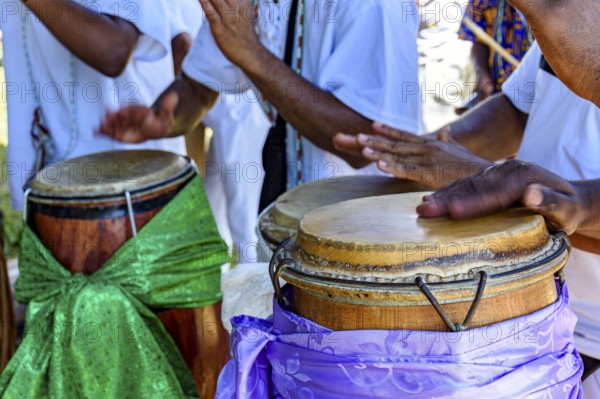 Decorated drums during a religious ceremony of Umbanda, Brazil, South America