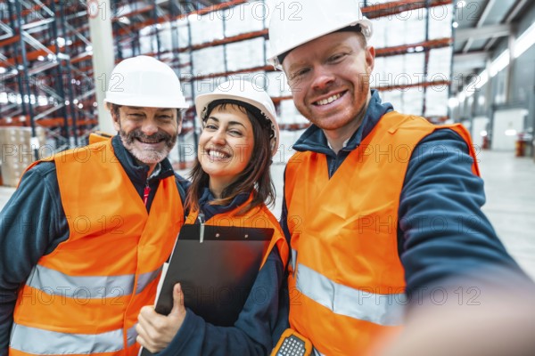Warehouse workers smiling and capturing a selfie together inside a bustling logistics center, celebrating teamwork and camaraderie