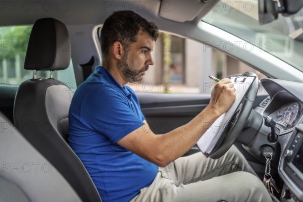 Side view of a mature delivery man writing notes inside a car in the city
