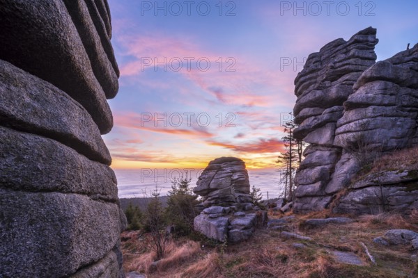 Rock formations on the Dreisesselberg at sunset, Haidmühle, Bavarian Forest, Lower Bavaria, Bavaria, Germany, Europe