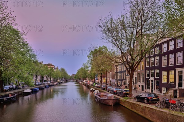 Prinsengracht canal in the evening light after sunset, Amsterdam, North Holland, Netherlands
