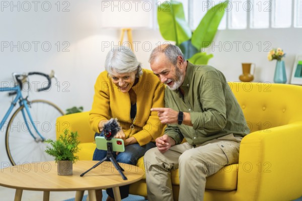 Happy senior couple talking during video call with mobile phone at home