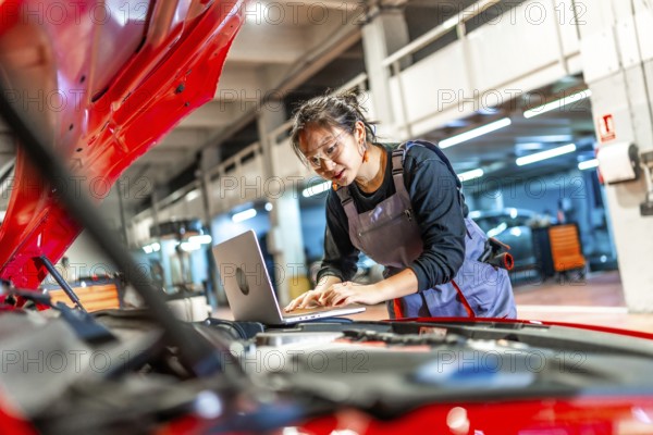 Young female mechanic working on a laptop while inspecting a car engine in a modern workshop, showcasing expertise and focus in automotive repair