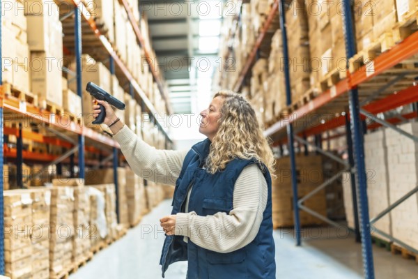 Side view of a blonde caucasian adult woman tracking packages using scan reader in a warehouse