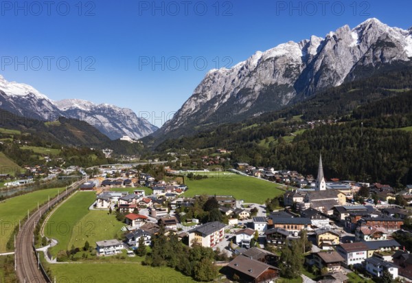 Drone image, settlement area, view of village with church, Pfarrwerfen, Tennengebirge, Salzachtal, Pongau, Salzburg province, Austria, Europe