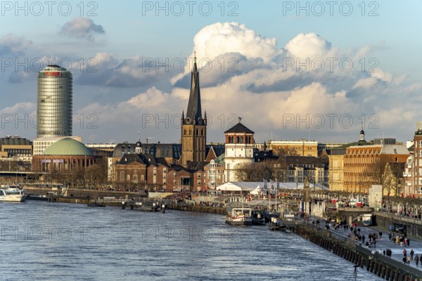 City view with Rhine promenade, St. Lambert's Basilica, castle tower, Tonhalle and Ergo Tower in Düsseldorf, North Rhine-Westphalia, Germany, Europe