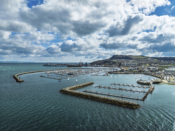 Sailboats on Portland Branch RNSA Moorings from a drone, Portland Harbour and Marina, Portland, Dorset, England, United Kingdom, Europe