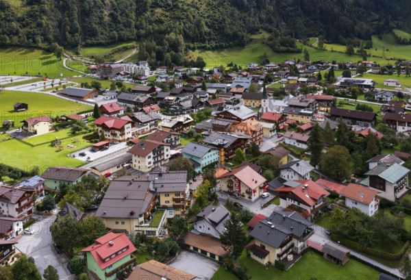Drone image, residential buildings, view of village with parish church, Dorfgastein, Gasteinertal, Pongau, Salzburg province, Austria, Europe