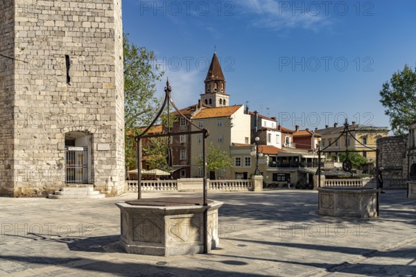 The Square of Five Fountains with the Captain's Tower and the Church of St Simeon, Zadar, Croatia, Europe