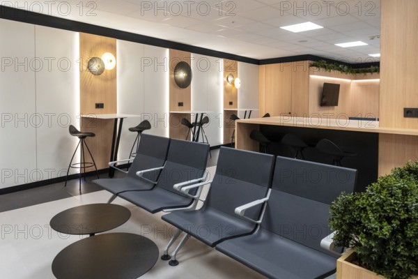 A waiting room with a few chairs and a potted plant. The chairs are black and the potted plant is green