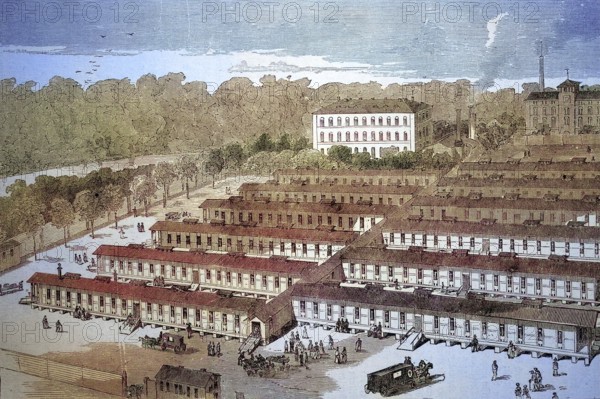 The barrack hospital, military hospital, for wounded warriors at Rosenthale near Leipzig, Deutschland, 1871 / Das Barackenlazarett, Militärkrankenhaus, für verwundete Krieger am Rosenthale bei Leipzig, 1871, Historisch, historical, digital improved reproduction of an original from the 19th century / digital reproduction of an original from the 19th century