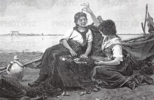 Two girls playing on the beach with a starfish, c. 1880, France, digital reproduction of an original 19th century model, historical, Europe