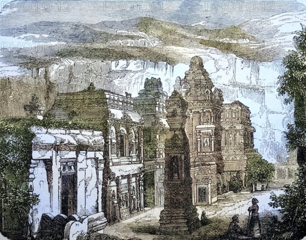 View of the Keylas of Ellora, Ellora Caves in Maharastra State, India, 1870 / Ansicht des Keylas von Ellora, Ellora-Höhlen im Bundesstaat Maharastra, Indien, 1870, Historisch, historical, digital improved reproduction of an original from the 19th century / digital reproduction of an original from the 19th century, Asia
