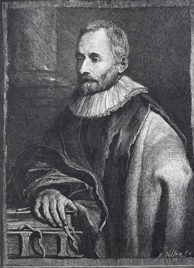 Balthasar Moretus or Balthasar I. Moretus (23 July 1574 - 6 July 1641), Flemish printer and director of the Officina Plantiniana, the printing house founded by his grandfather Christophe Plantin in Antwerp in 1555, digital reproduction of an original from the 19th century, historical