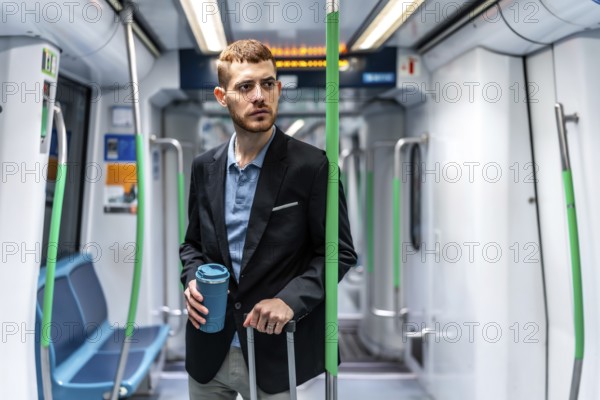 Young businessman traveling by subway train, holding a reusable coffee cup and a trolley bag, looking away