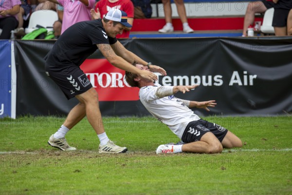 Fistball: TSV Pfungstadt against Union Tigers Vöcklabruck (IFA 2024 Fistball World Tour Finals Mannheim, Final) . Picture: Great joy among the Vöcklabruck players after winning the title
