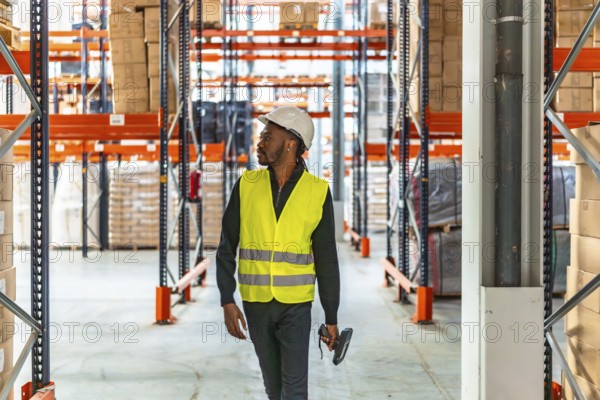 Horizontal photo with copy space of an african man with reflective clothes and helmet walking in a warehouse scanning packages