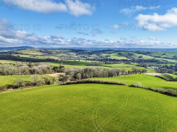 Farms over Road A35 from a drone, Morcombelake Village, Bridport, Dorset, England, United Kingdom, Europe