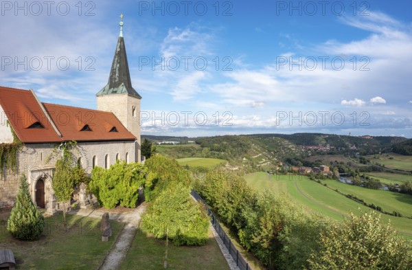 Zscheiplitz monastery church, view of the Unstrut valley and Freyburg, Saxony-Anhalt, Germany, Europe