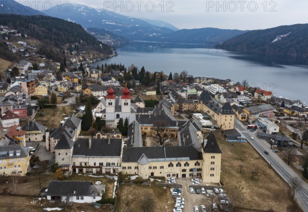 Drone shot, view of the town, Millstatt Abbey, Millstatt, Lake Millstatt, Carinthia, Austria, Europe
