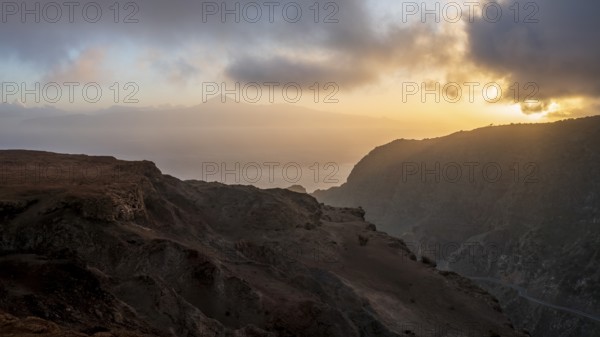 Sunrise, cliffs, view towards Teide on Tenerife, La Gomera, Canary Islands, Spain, Europe