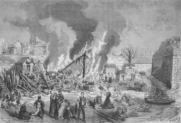 Explosion of the workshop for the manufacture of Chassepot cartridges, ammunition manufacture and ammunition depot in the arsenal of Metz, 1969, France, Historic, digitally restored reproduction of an original 19th century master, exact original date unknown, Europe