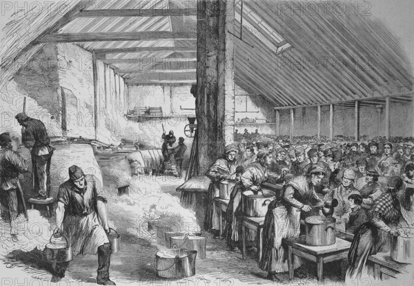 Poverty and hardship in London, public soup kitchen and rations for the poor in the Spitalfields neighbourhood, the district was one of the slums of London's East End in the 19th century, England, Historical, digitally restored reproduction of a 19th century original