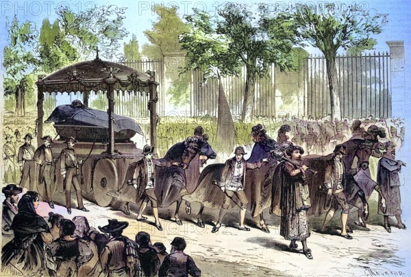 Funeral of Ramon Maria Narvaez Campos (4 August 1800 - 23 April 1868), Duke of Valencia since 1844, was a Spanish military man and politician. He was Spanish Prime Minister several times between 1844 and 1868, Historical, digitally restored reproduction of a 19th century original