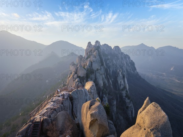View of stones and rock formations from Ulsanbawi rock peak on sunset. Seoraksan National Park, South Corea