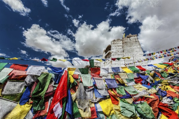 Ruins of Victory Fort Tsemo on the cliff of Namgyal hill and colorful Buddhist prayer flags with Buddhism mantra written on them. Leh, Ladakh, Jammu and Kashmir, India, Asia