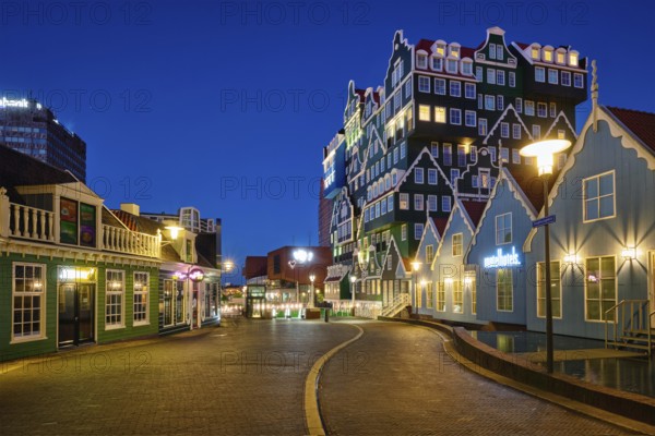 ZAANDAM, NETHERLANDS, MAY 8, 2017: Inntel Hotel in Zaandam illuminated at night. Design of 12-storey tall building opened in 2009 is the result of stacking a series of traditional Dutch houses