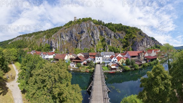 Aerial view, old bridge, wooden bridge, side arm of the Altmühl, Brucktor or bridge gate, on the left hiking trail, cycle path, on top of rock Randeck Castle, Markt Essing, Altmühltal, Lower Bavaria, Bavaria, Germany, Europe